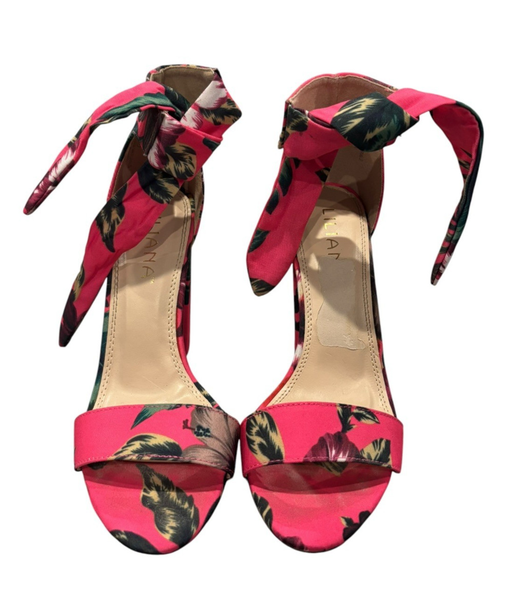 Liliana Women’s Size 8 Pink Floral Ankle Tie Block Heel Sandals Open Toe